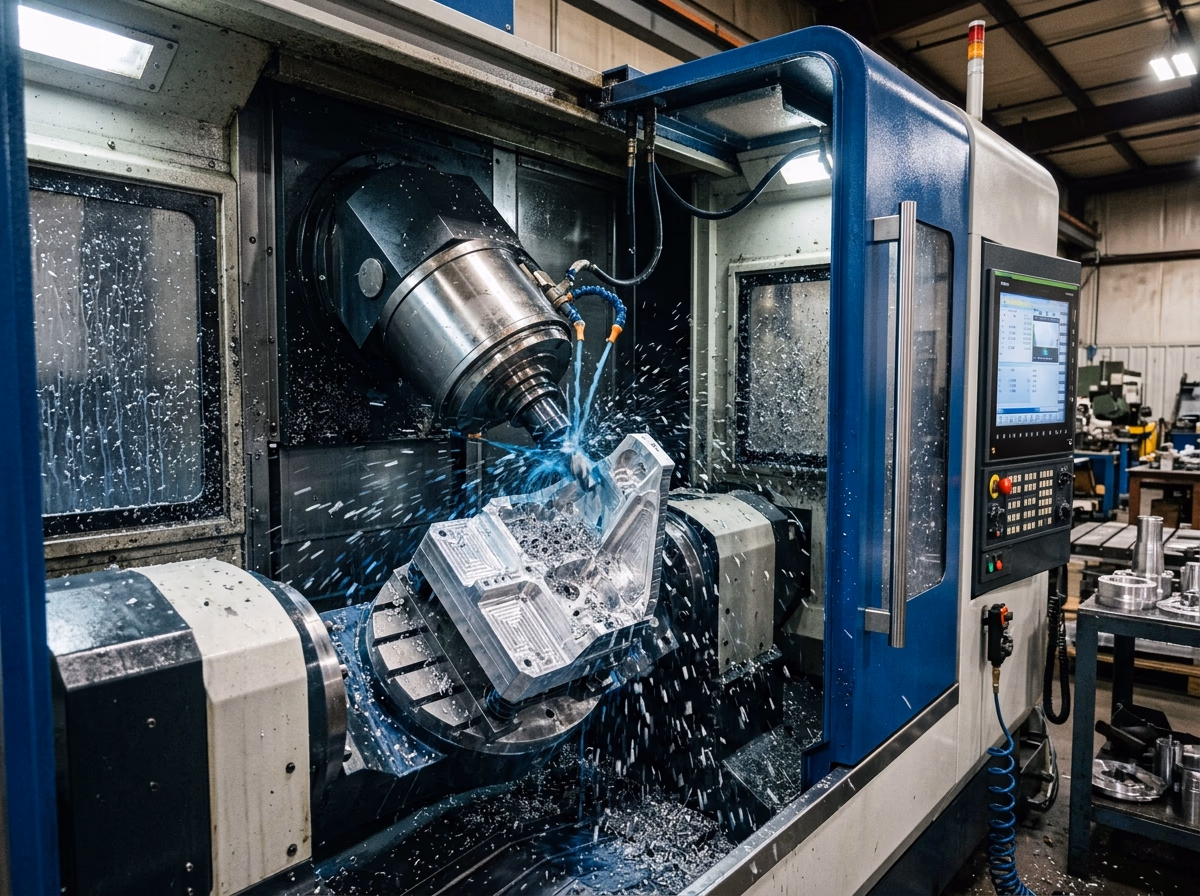 5-Achs-CNC-Fräszentrum bei der Bearbeitung eines Aluminium-Bauteils mit Kühlspray