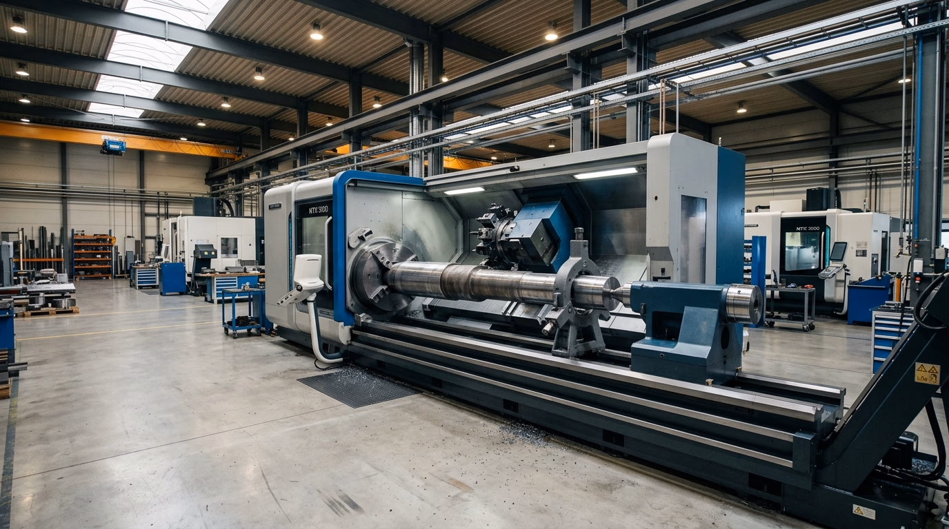 Halle 2 – 8-Meter-Drehzentrum mit langem Stahl-Großbauteil in moderner Werkstatt