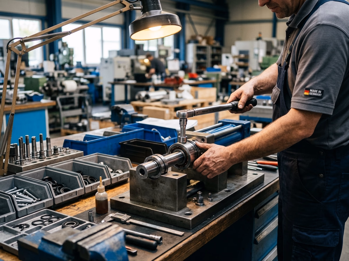 Endmontage einer Hydraulik-Baugruppe an der Werkbank mit Drehmomentschlüssel