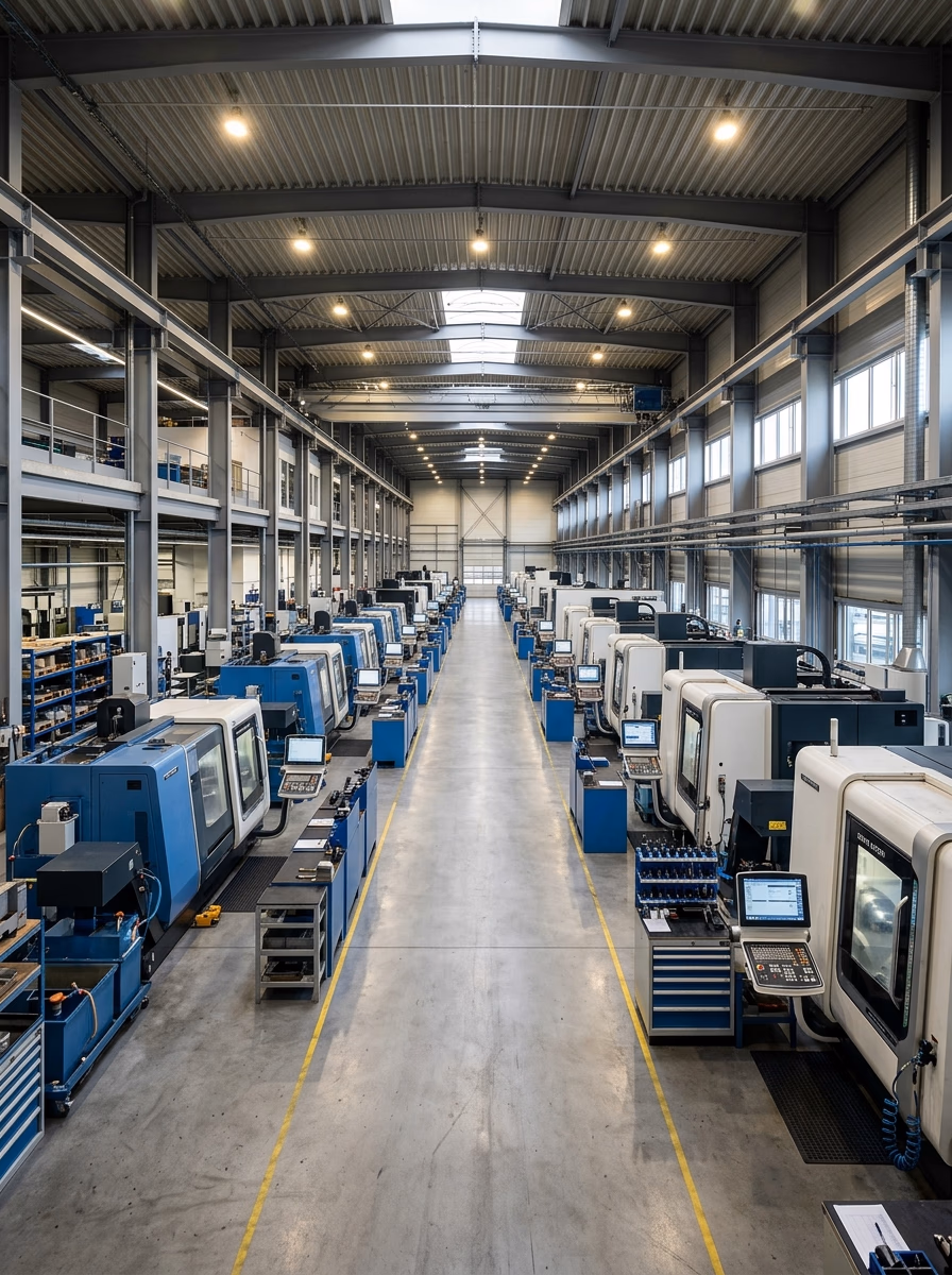 Brandstätter Werkshalle – CNC-Maschinenpark mit Reihen moderner Bearbeitungszentren